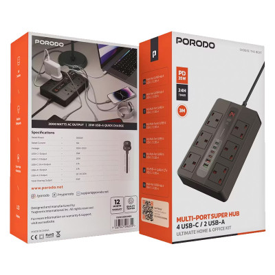 چند راهی برق  2USB-A و4USB-C پرودوPorodo مدل PD-FWCH009-3M-BK با گارانتی