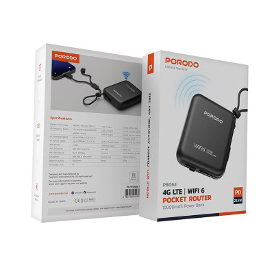 پاوربانک و مودم جیبی LTE پرودو Porodo مدل PD-PBFCH064-BK با گارانتی