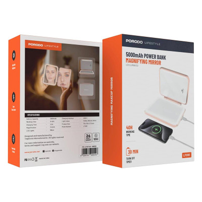 پاوربانک آینه‌دار 5000 میلی آمپر پرودو PORODO مدلMAGNIFYING MIRROR LFS161